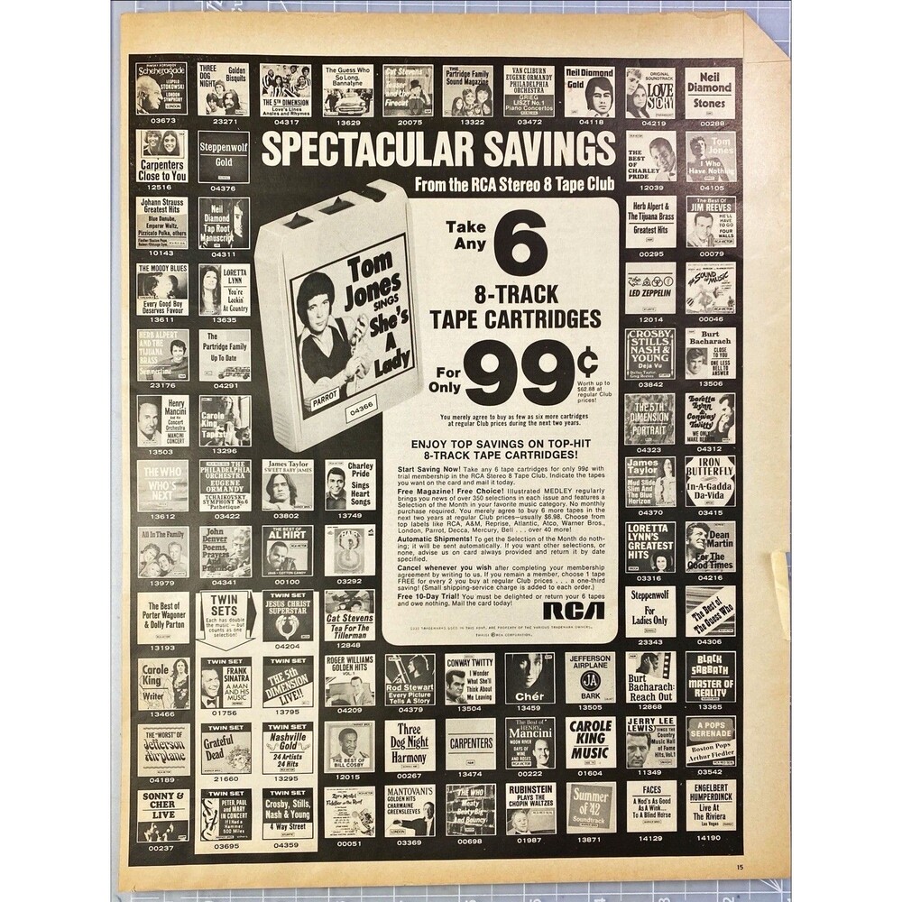 RCA 8-Track Membership Club "Enjoy Savings on Top Hits" Vintage Print Ad 1972